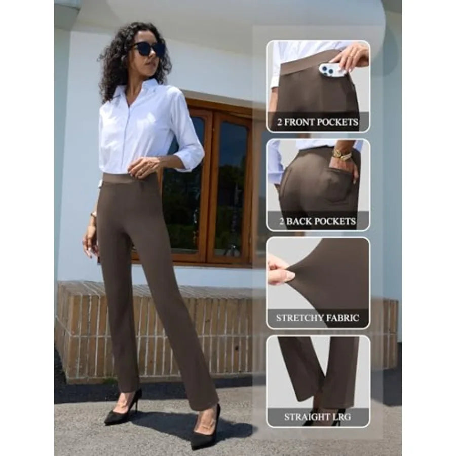 keriffe Women's Stretchy Yoga Dress Pants High Waisted Straight Leg Casual Work Business Office Slacks 4 Pockets