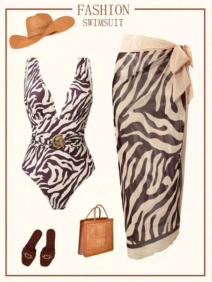 Women Blue Mesh Printed Long Skirt Beach Cover Up Swimsuit Set Summer Vacation