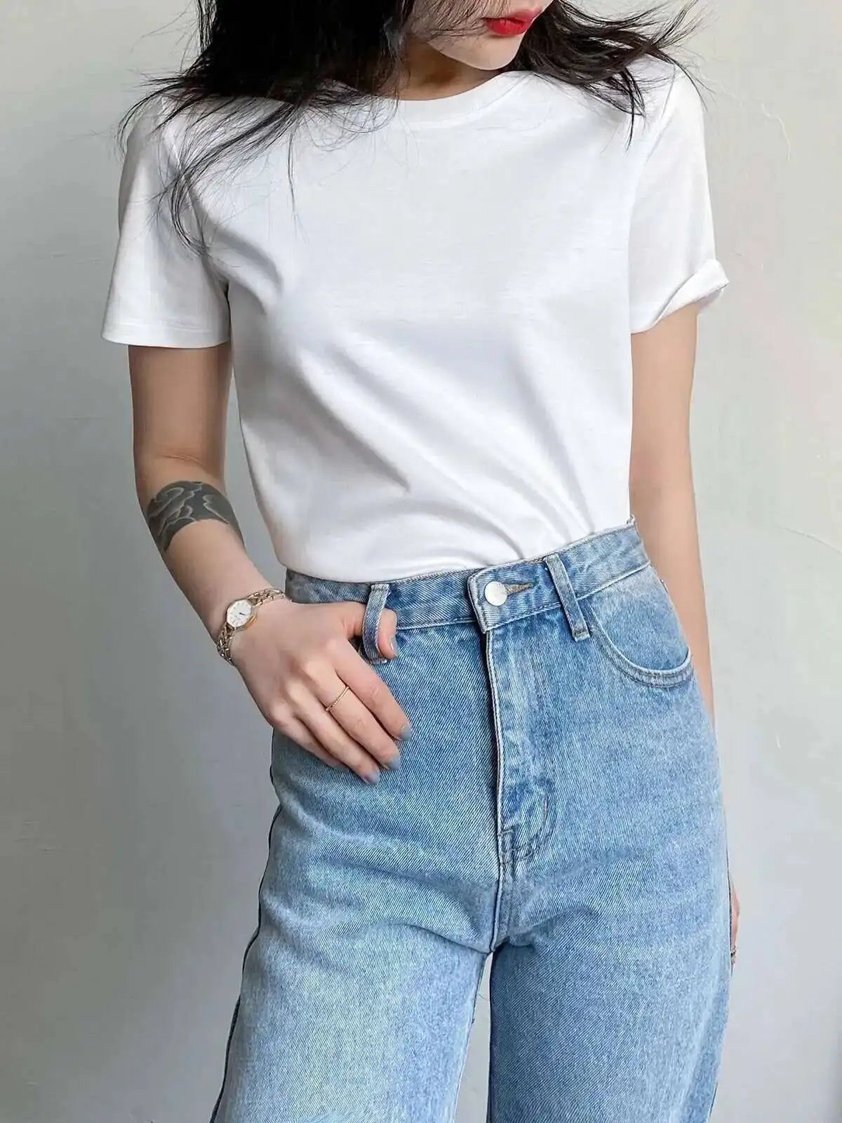 Summer 6% Mulberry Silk Cotton T-shirts Women Loose Round Neck Short Sleeve Luxury Tee Solid Color Basic Tops