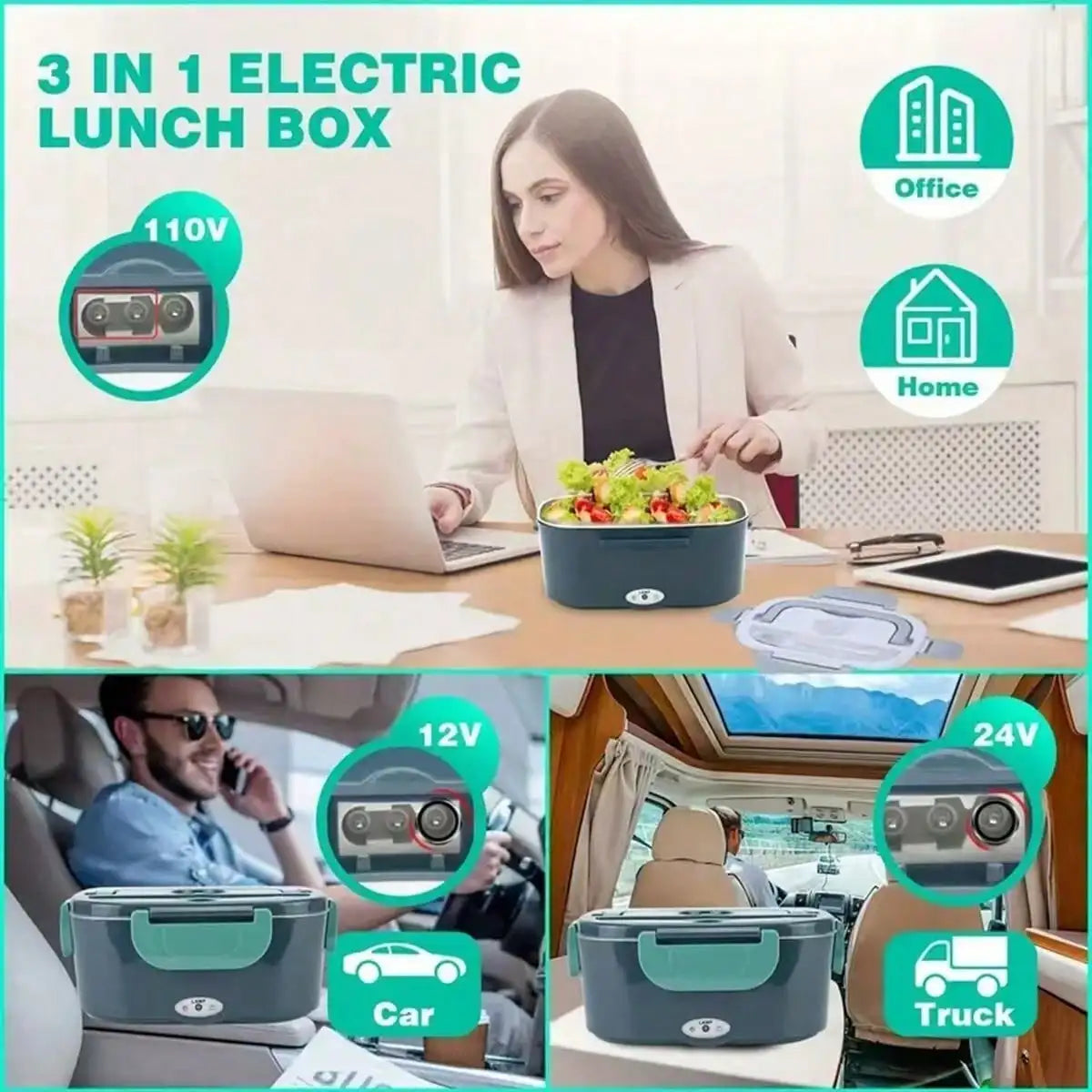Electric Heating Lunch Box; 1.5L 304 Stainless Steel Dual Compartment Food Warmer, 12V Car Use, Portable Heated Bento Box With Fork, Spoon & Insulated Bag, Viral Must-Have For Office, Travel & Road Trips, Perfect Gift For Com