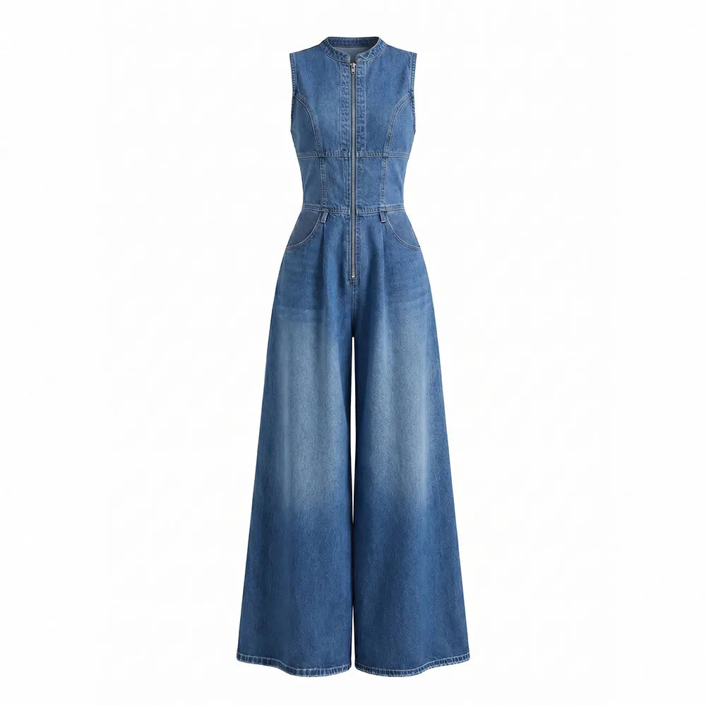 GLOURI Women Sleeveless Denim Jumpsuit Stand Collar Front Zip High Waist Pleated Wide Leg Romper with Side Pockets Vintage Washed Denim Elegant Outfit for Work Date Daily Casual Wear