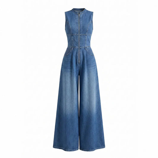 GLOURI Women Sleeveless Denim Jumpsuit Stand Collar Front Zip High Waist Pleated Wide Leg Romper with Side Pockets Vintage Washed Denim Elegant Outfit for Work Date Daily Casual Wear