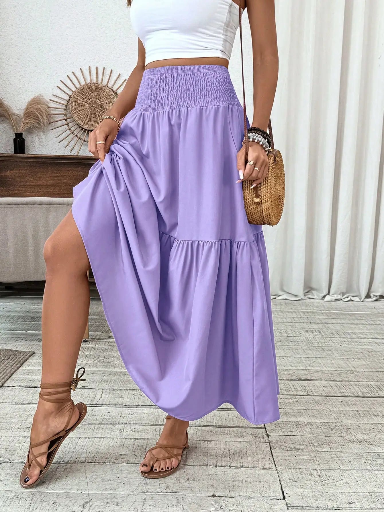 Womens Ditsy Floral A-Line Skirt With Pockets Elastic Waist Ruffle Hem