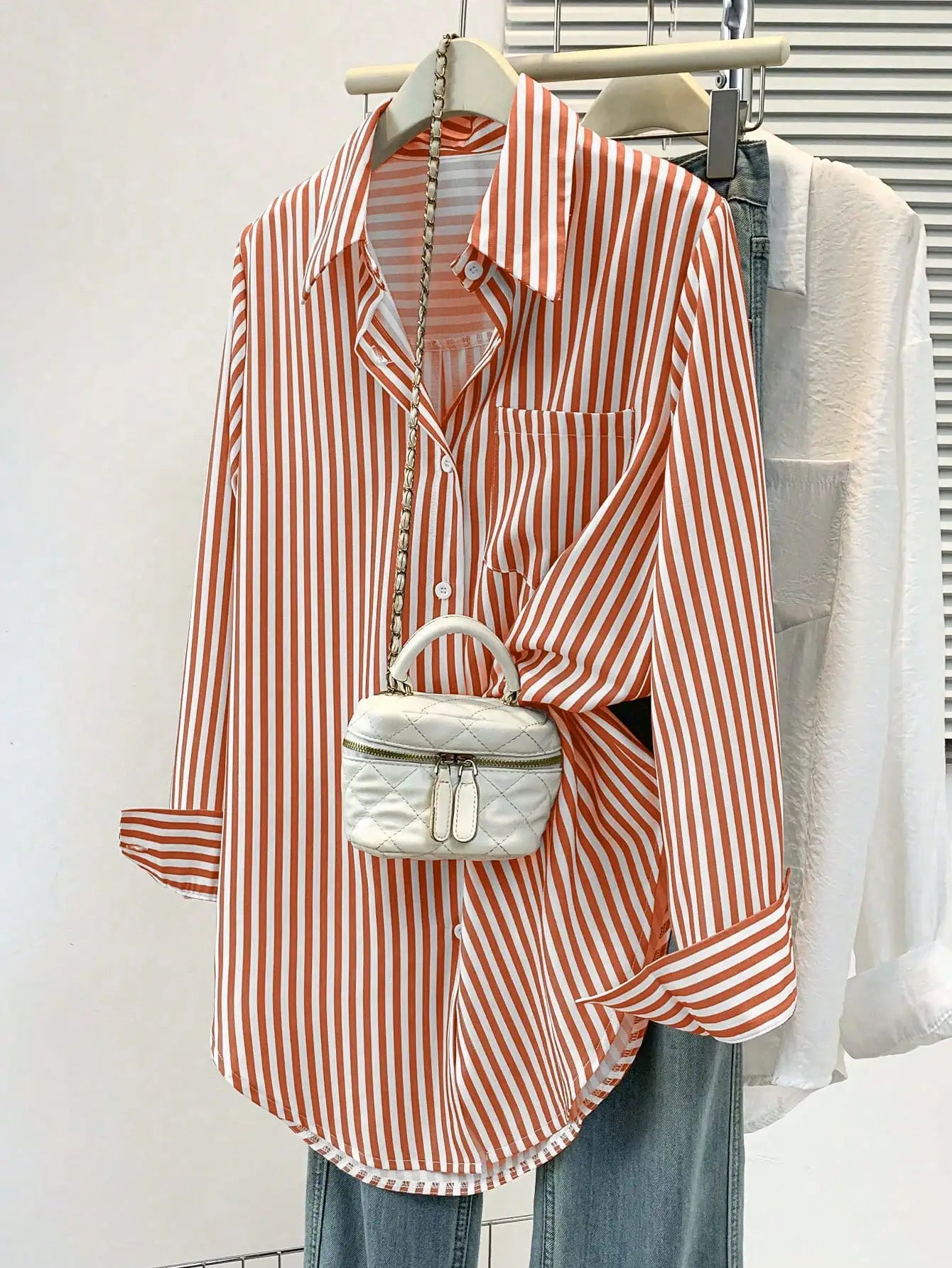 Womens Casual Striped Pointed Collar Long Sleeve Button-Up Shirt