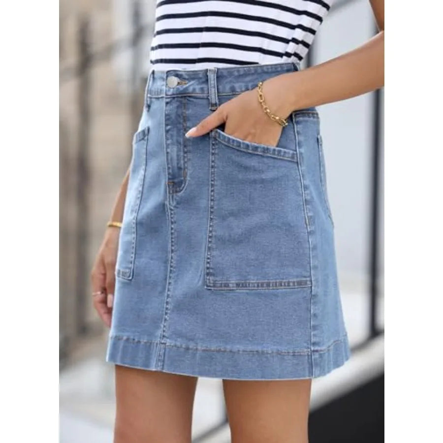 Sidefeel Women's Jean Skirt High Waisted Stretch Casual Summer Zimbaplatinum Denim Skirt with Pockets