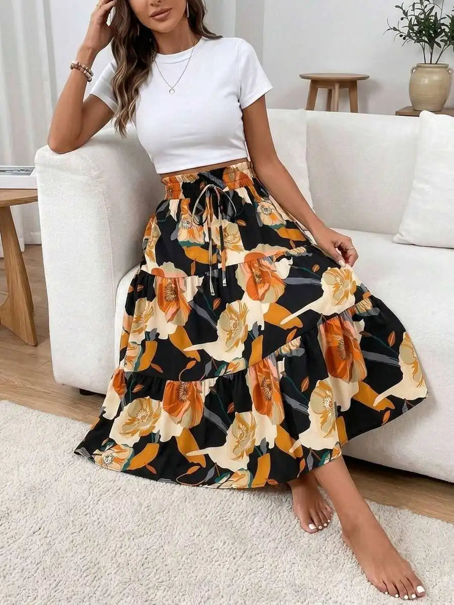Boho Floral Print Tiered Ruffle Midi Skirt Women High Waist Elastic A-Line Flowy Summer Skirt