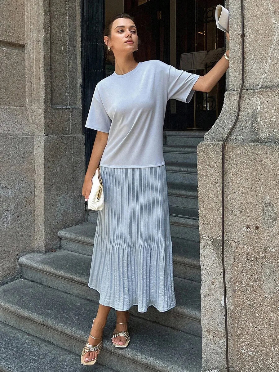 Women Pleated Maxi Dress Short Sleeve Loose Casual Summer Modest Dress
