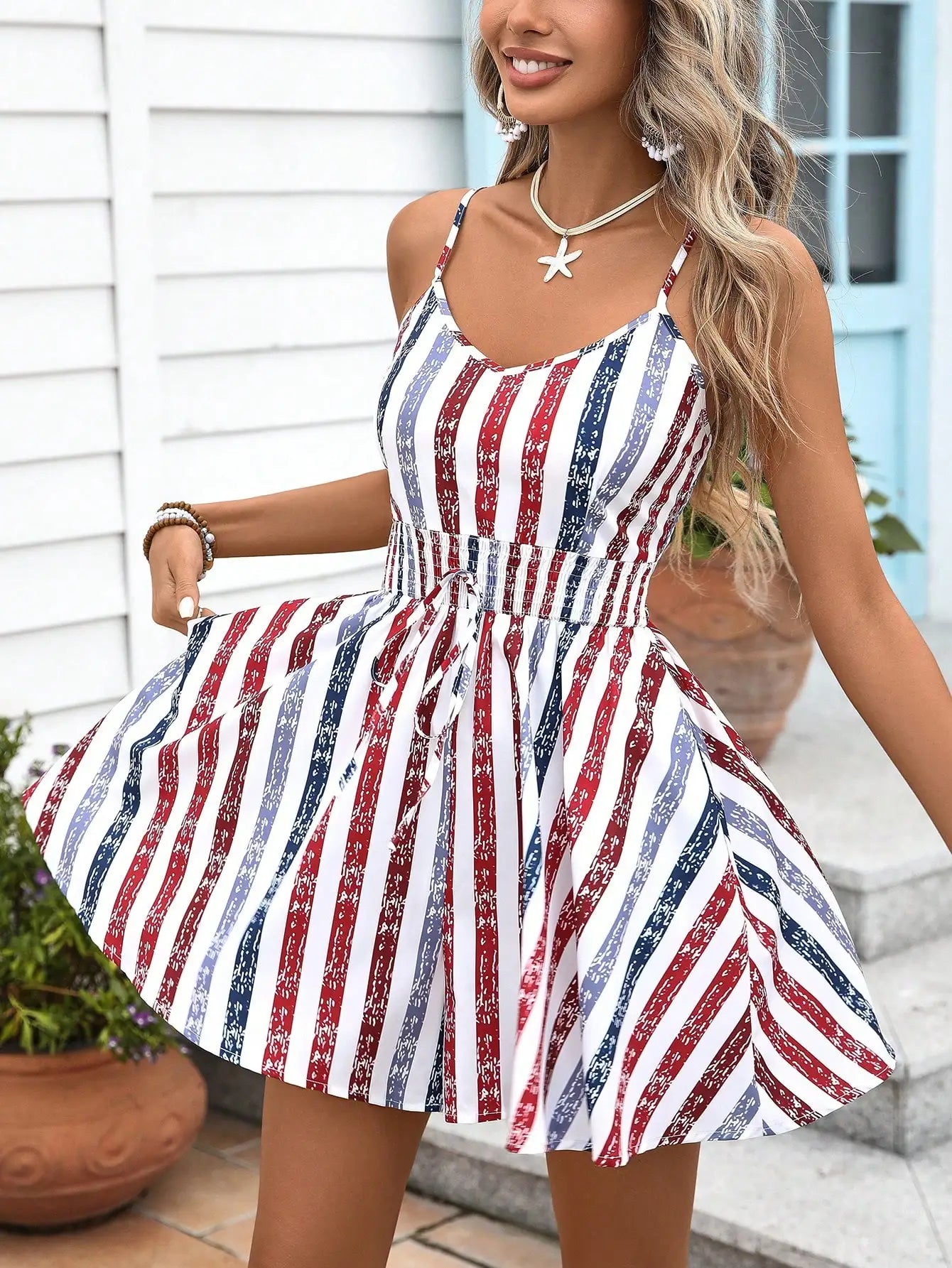 Womens Sleeveless Striped Cami Romper With Smocked Waist In Red White Blue For Summer Casual And July 4th