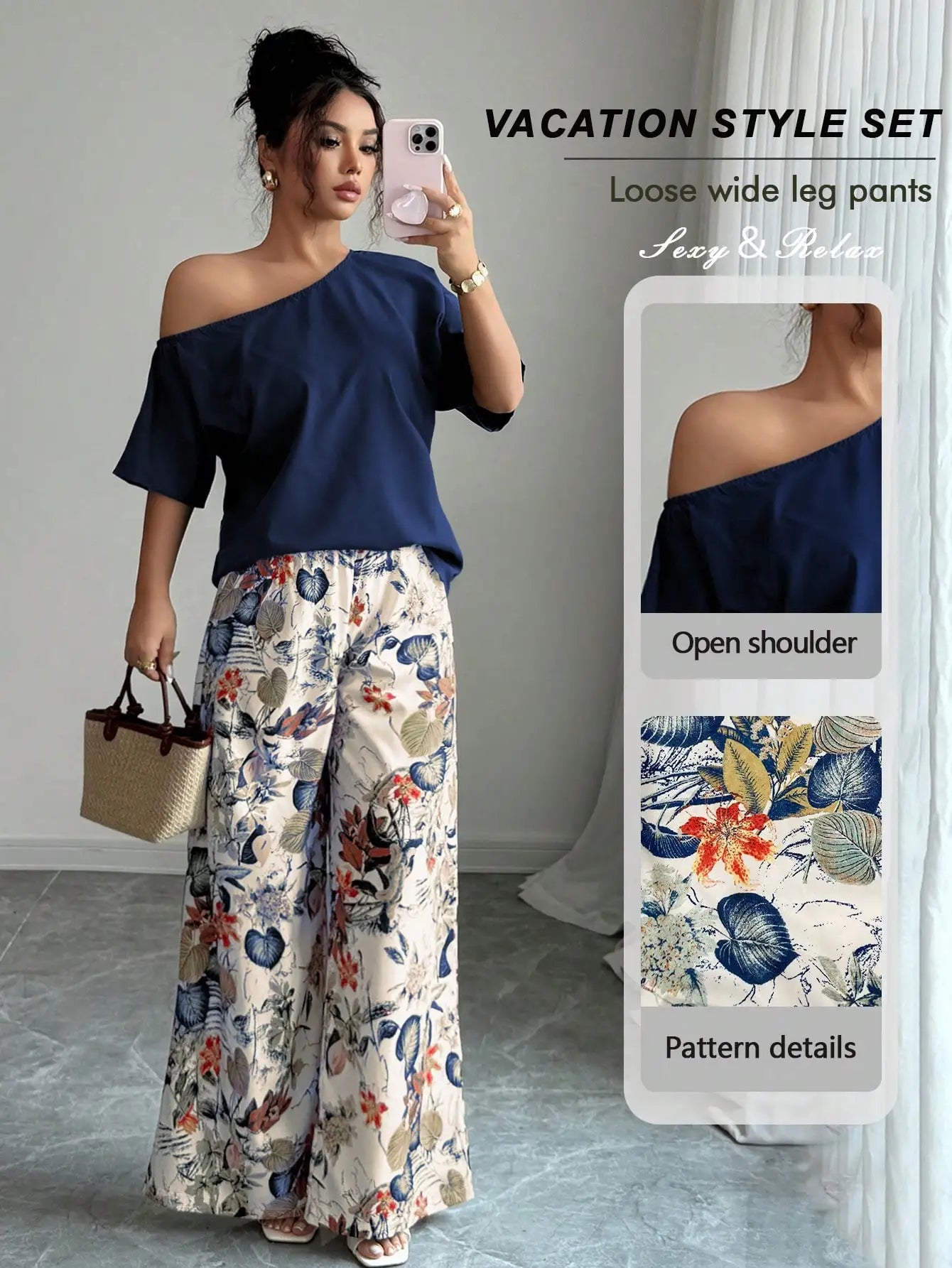 Vacation Style 2pcs Set Women Asymmetrical Neck Blouse Floral Wide Leg Pants