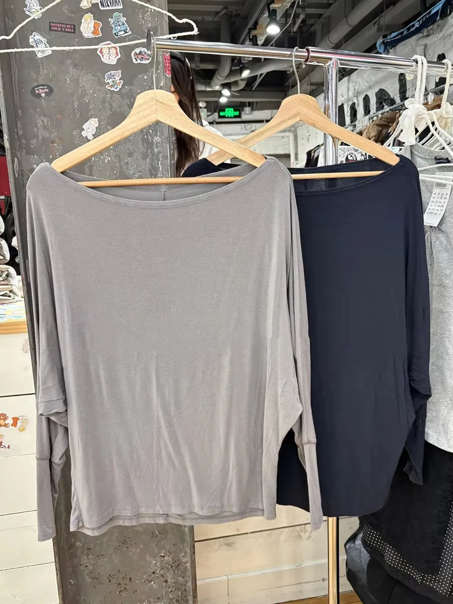 Navy Long Batwing Sleeve T-shirts Woman Sweet Slash Neck Cotton Tee Shirts Female Casual Simple All-match Tshirts Y2k Tops
