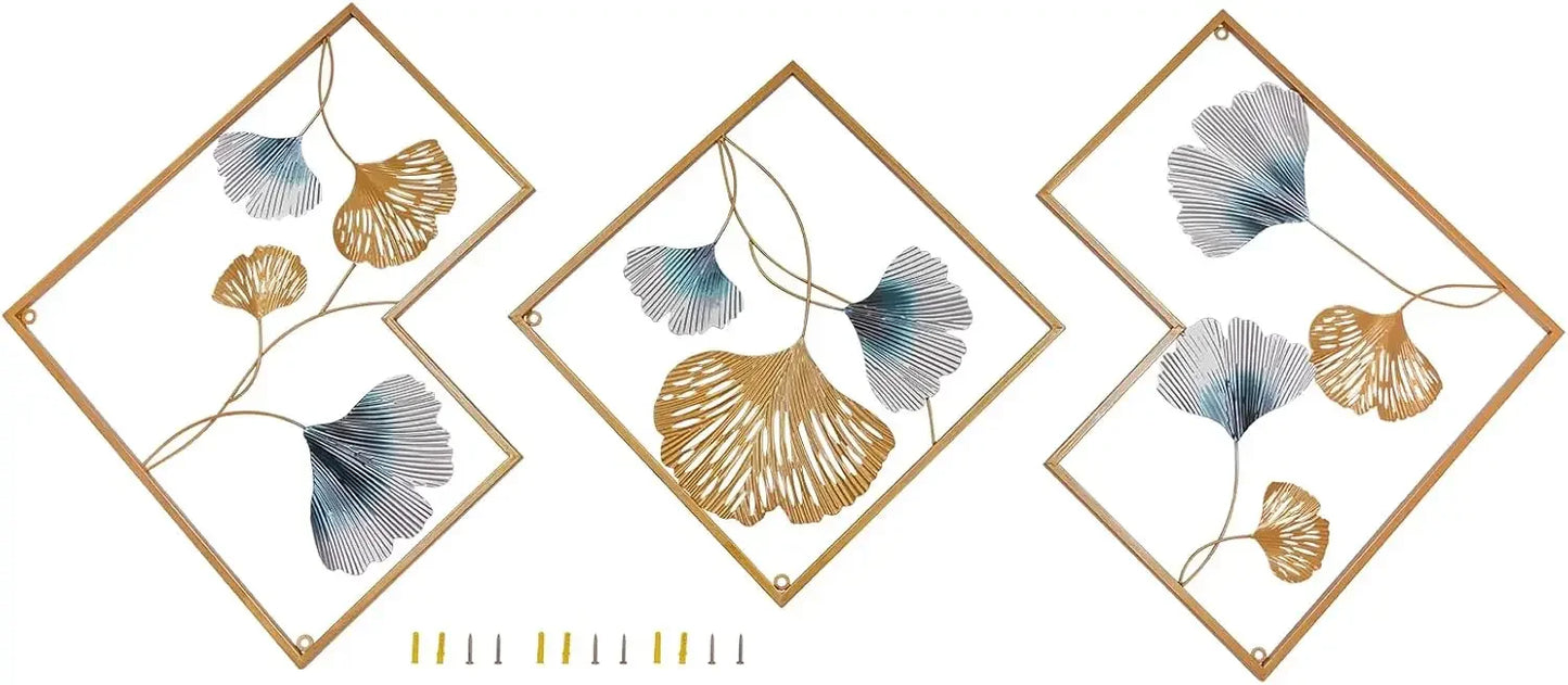 Creative Flowers Hanging Wall Sculpture Decor, 3 Pcs Ginkgo Metal Wall Art,Thickened Frame 20mm, Iron Artwork for Home Decor