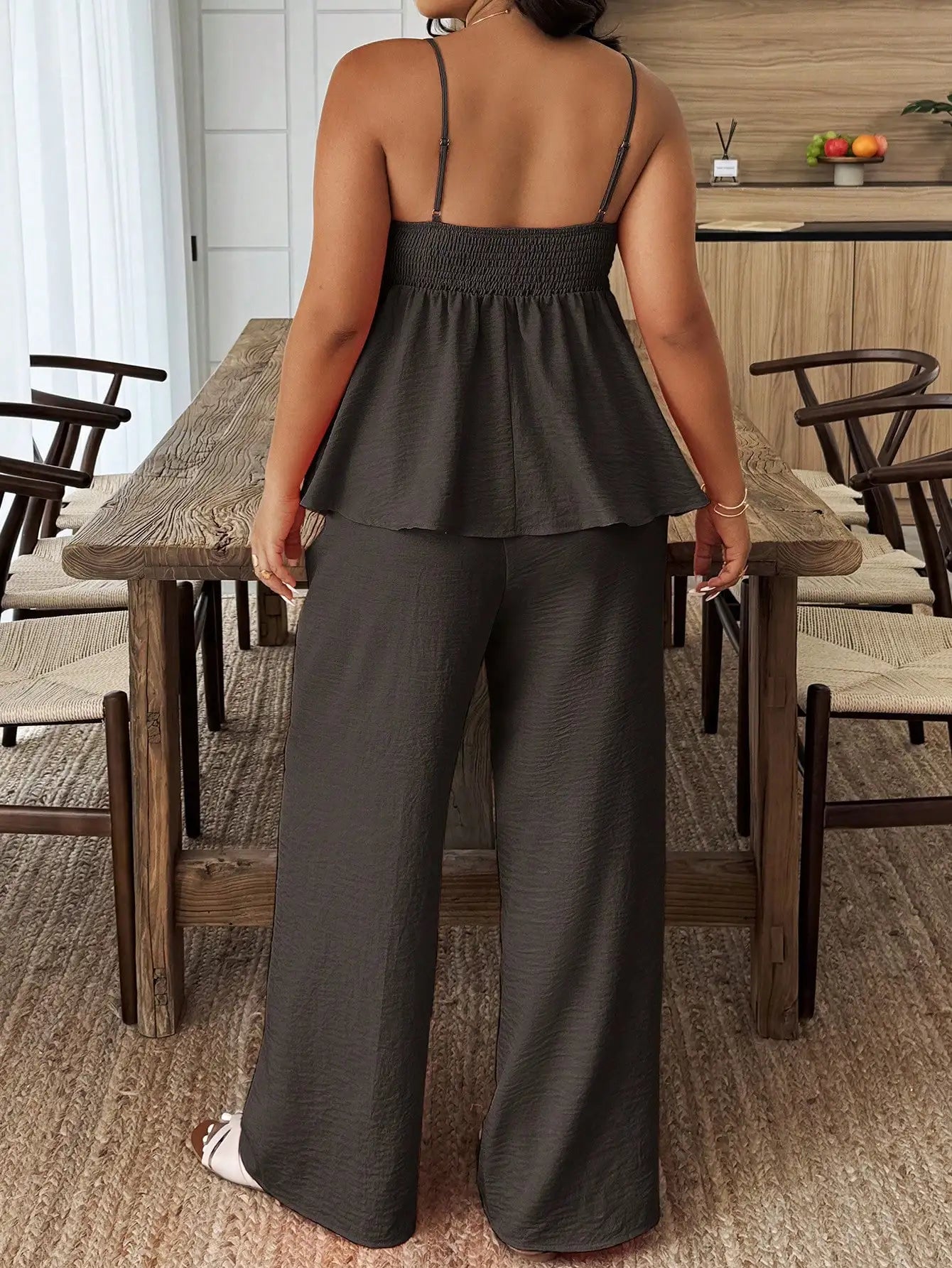 Plus Size Women Summer Solid Ruffle Hem Camisole And Wide Leg Pants Set