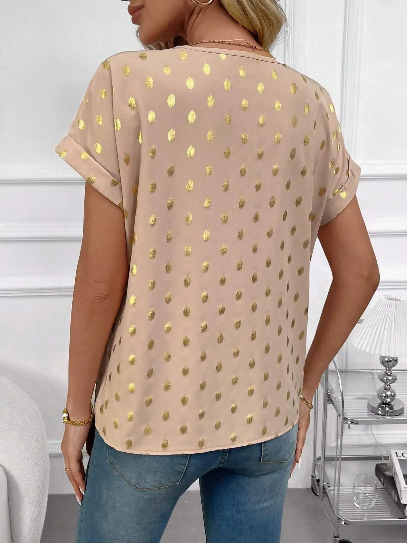 Women's Gold Polka Dot Short Sleeve Blouse Loose Fit Casual Top