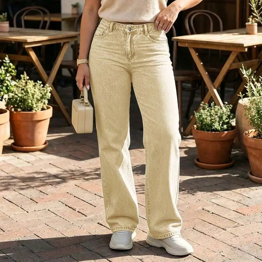 Womens Mid Rise Straight Leg Black Denim Jeans, Casual Loose Fit Trousers