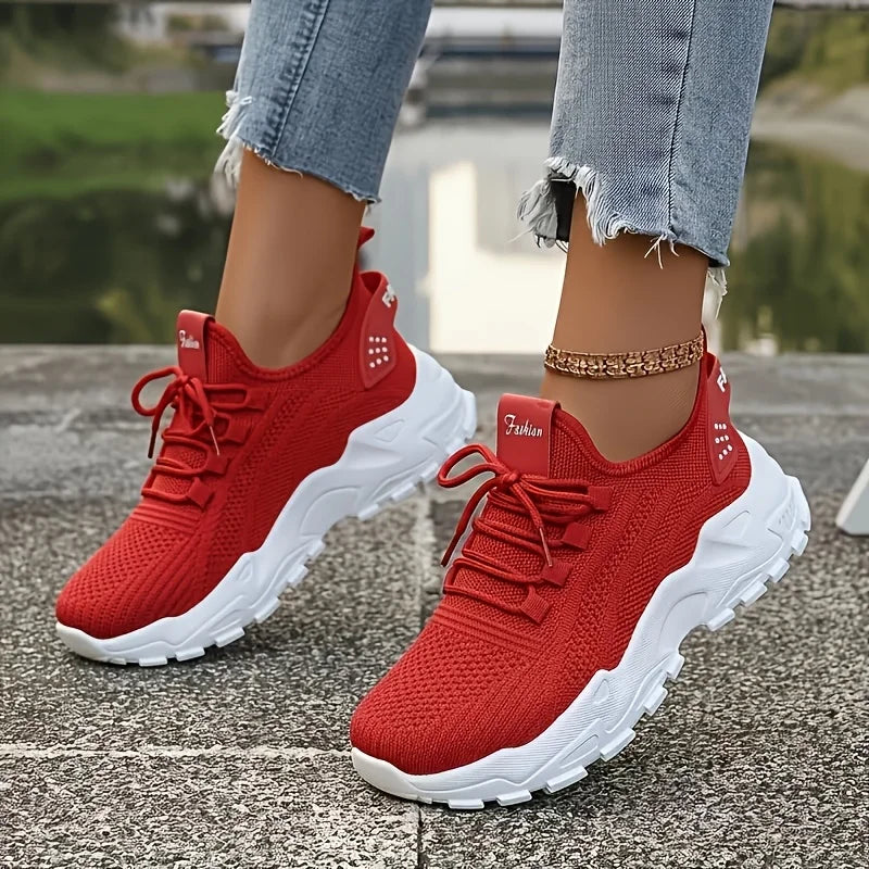 Women Chunky Platform Dad Sneakers, Knit Mesh Lace Up Wavy Sole Casual Shoes, Thick Bottom Non-slip Walking Trainers, Breathable Lightweight Fashion Athletic Shoes, Versatile Daily Outdoor Running Footwear For All Seasons