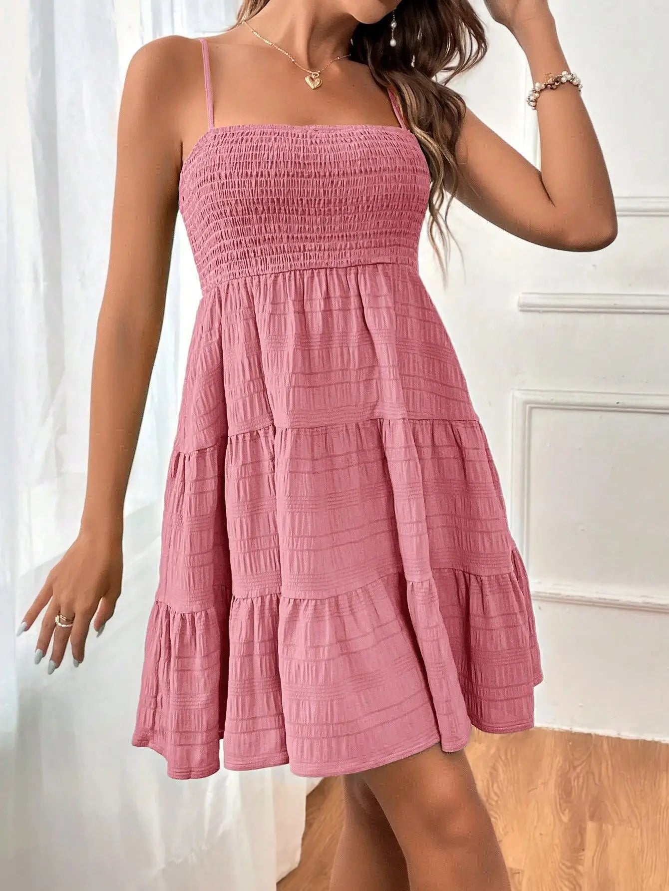 Women's Fashion Cami Ruched Strapless Mini Dress, Blue Ruffled Layered Hem, Summer Casual Off-Shoulder Thin Straps, Solid Color Versatile Textured Vacation Beach Dress