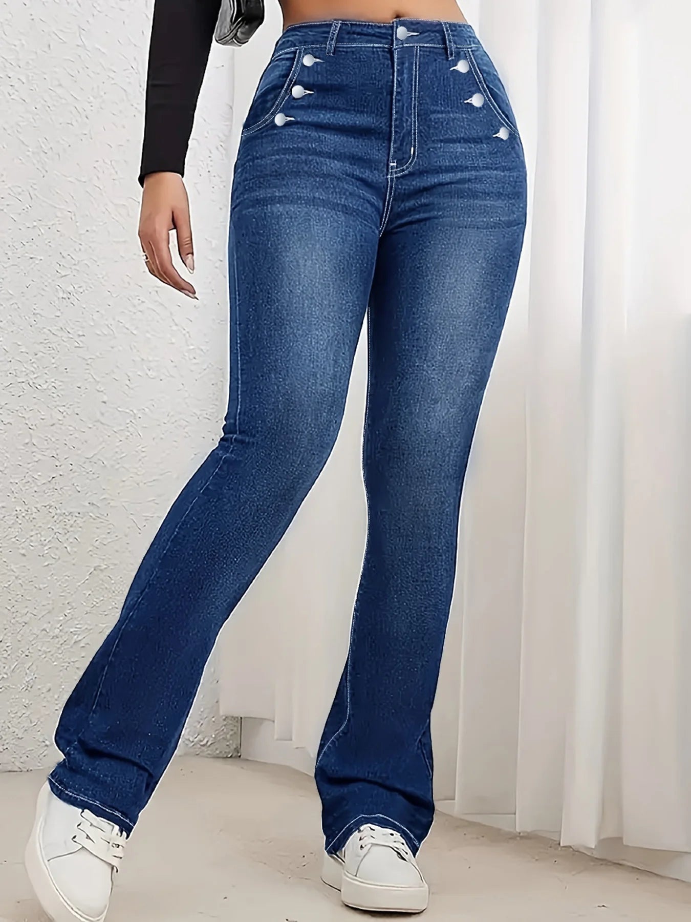 Women's Plus Size Dark Blue Washed Side Double Row Button Detail Denim Flare Pants, Stretchy Hip-Lifting Retro Commute Pants