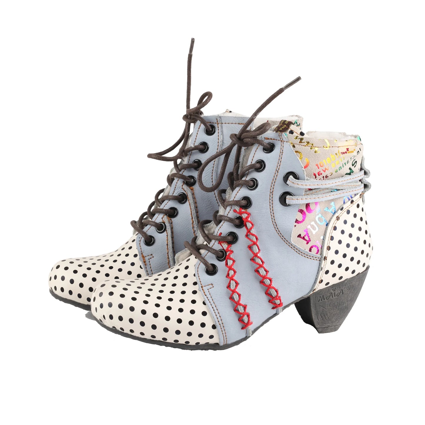 TMA EYES Women's Retro Polka Dot Mid Heel Boots Spring Autumn Winter Fashion Patchwork Chunky Heel Side Zipper Ankle Boots