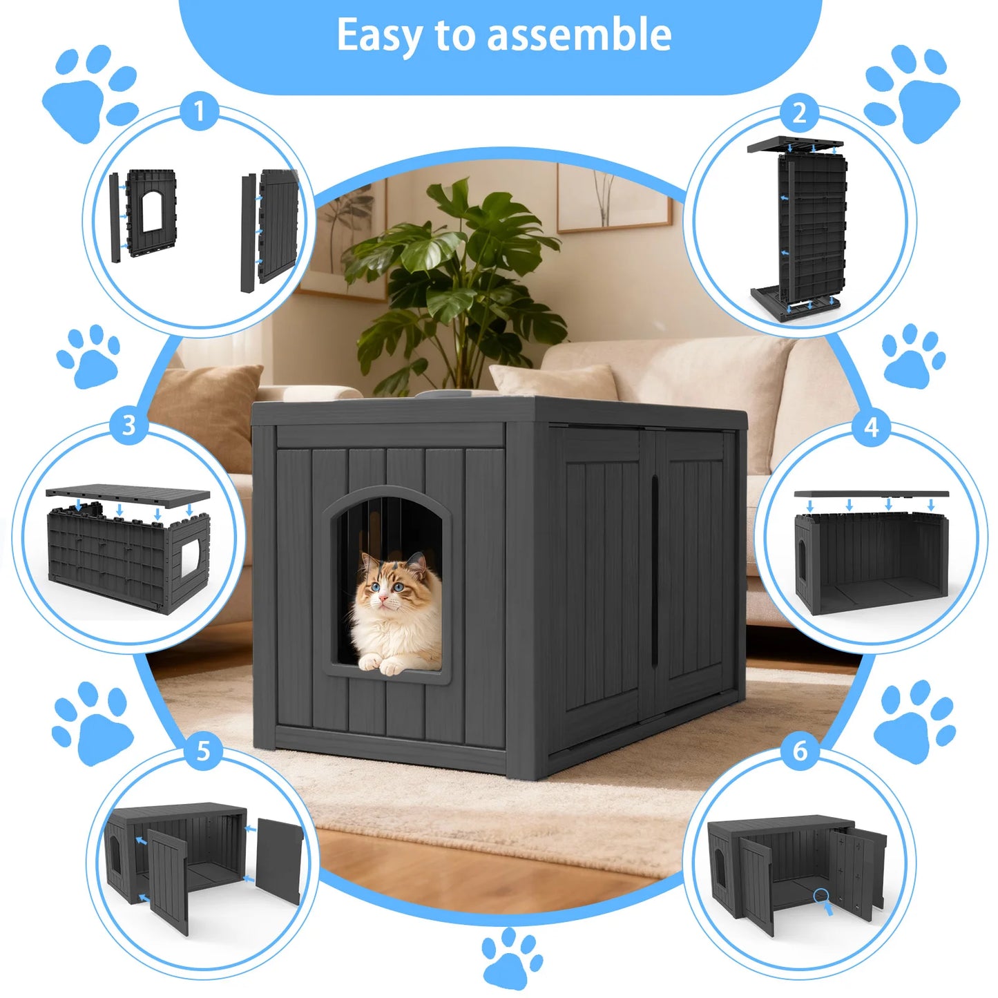 Hidden Resin Cat House with Double Front Doors, Weatherproof Indoor Outdoor Pet Shelter with Flat Lounge Top for Stray & House Cats