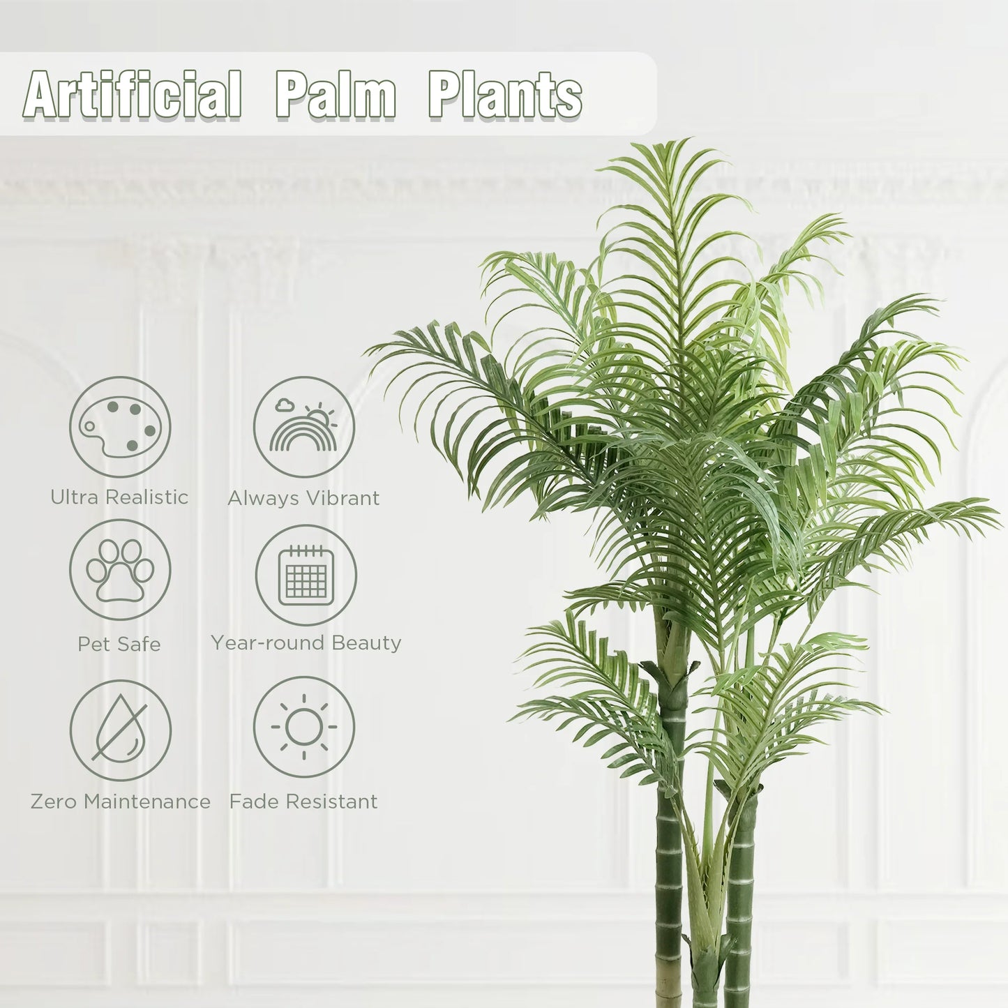 4/5/6FT Artificial Areca Palm Tree with White Pot, 3-Trunk Faux Tropical Palm Plant, Realistic Indoor Fake Tree for Home Office Living Room Decor
