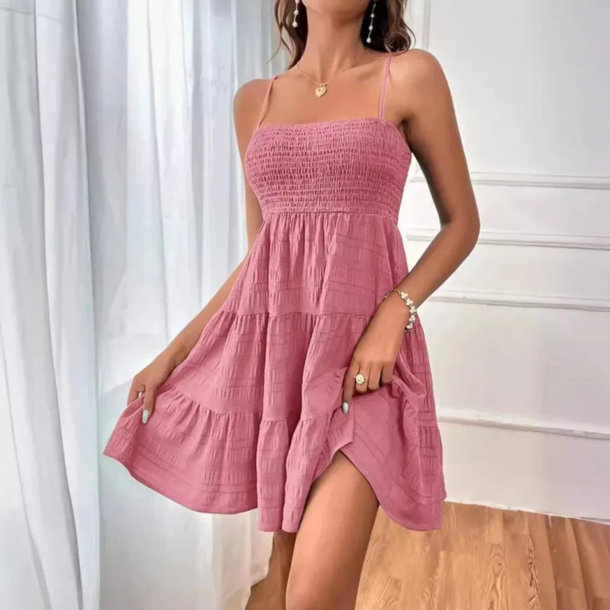 Women's Fashion Cami Ruched Strapless Mini Dress, Blue Ruffled Layered Hem, Summer Casual Off-Shoulder Thin Straps, Solid Color Versatile Textured Vacation Beach Dress