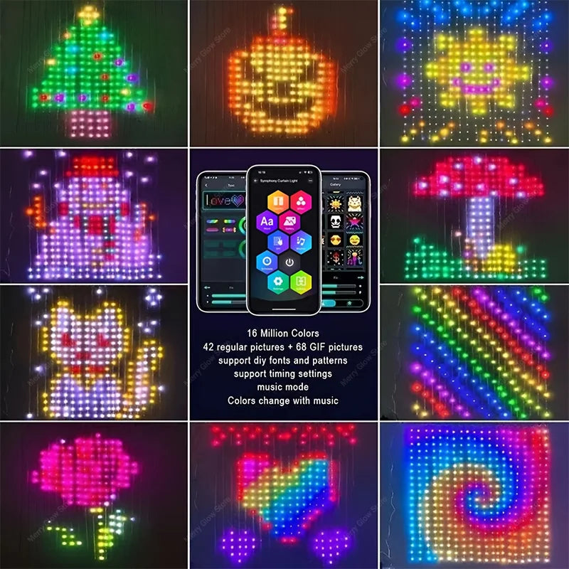 2m*2m/3m Smart Curtain Lights Bluetooth App LED String RGB Fairy Lights DIY Music Change Display for Window Bedroom Decoration