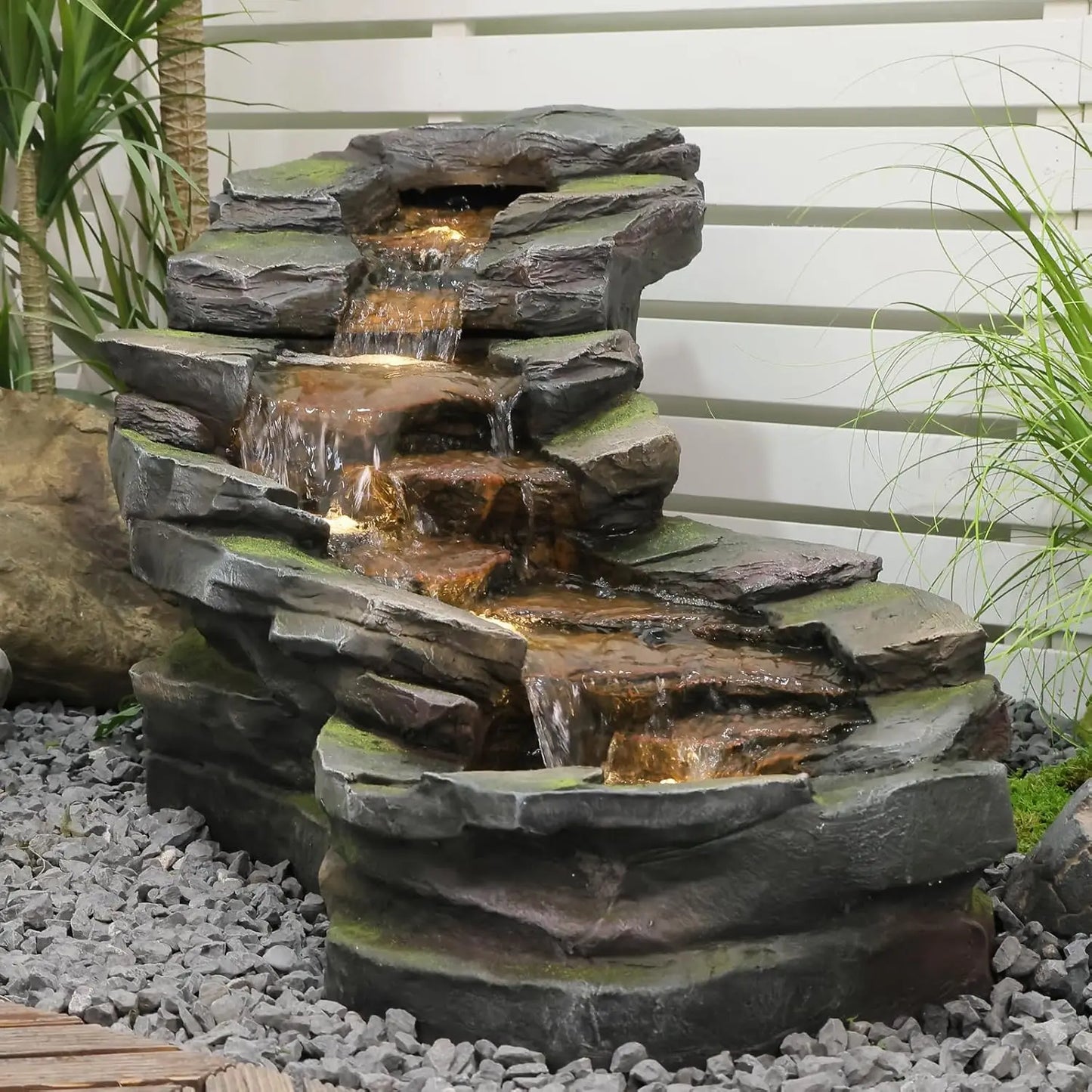 40in 5-Tier Tree Trunk Outdoor Water Fountain LED Garden Patio Backyard Decor, Customized
