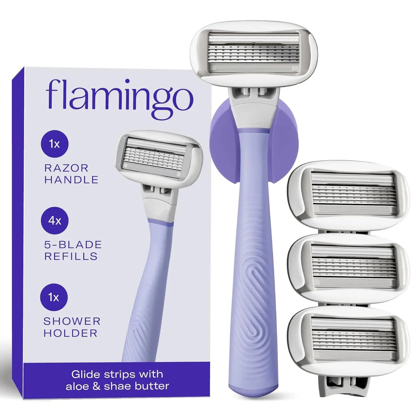 Women's shaving razor set with ergonomic handle, 4-blade refills, and wall-mounted shower holder