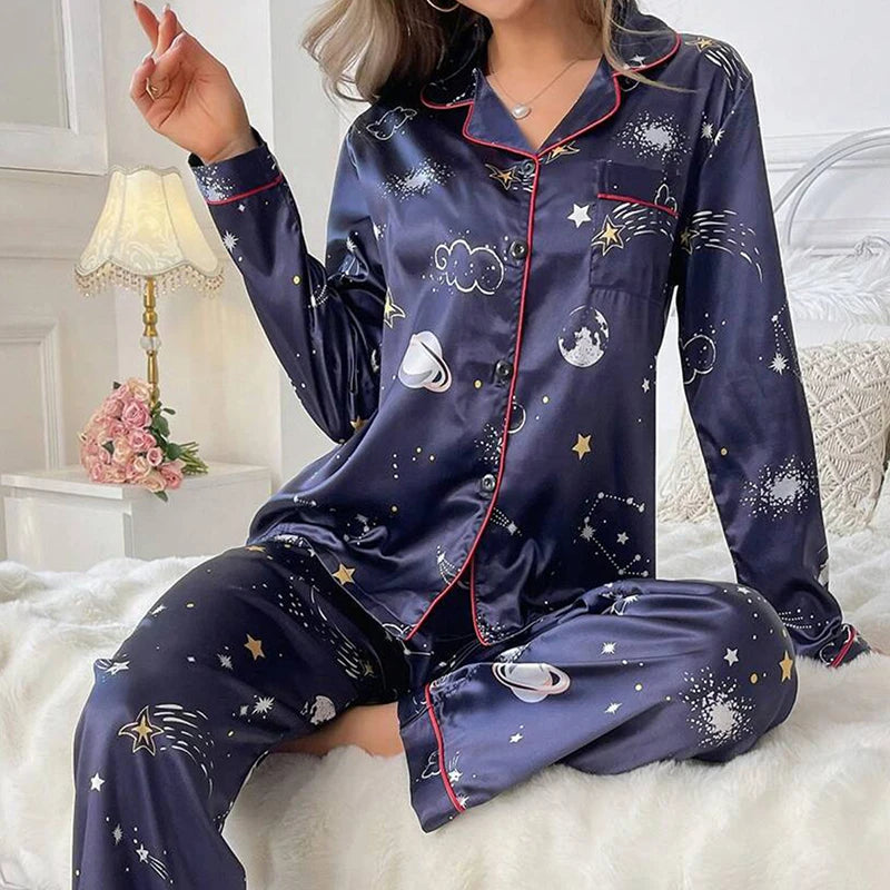 Satin Cute Cat Print Pajama Set | Long Sleeve Lapel Top & Pants Luxury Women Fall Sleepwear