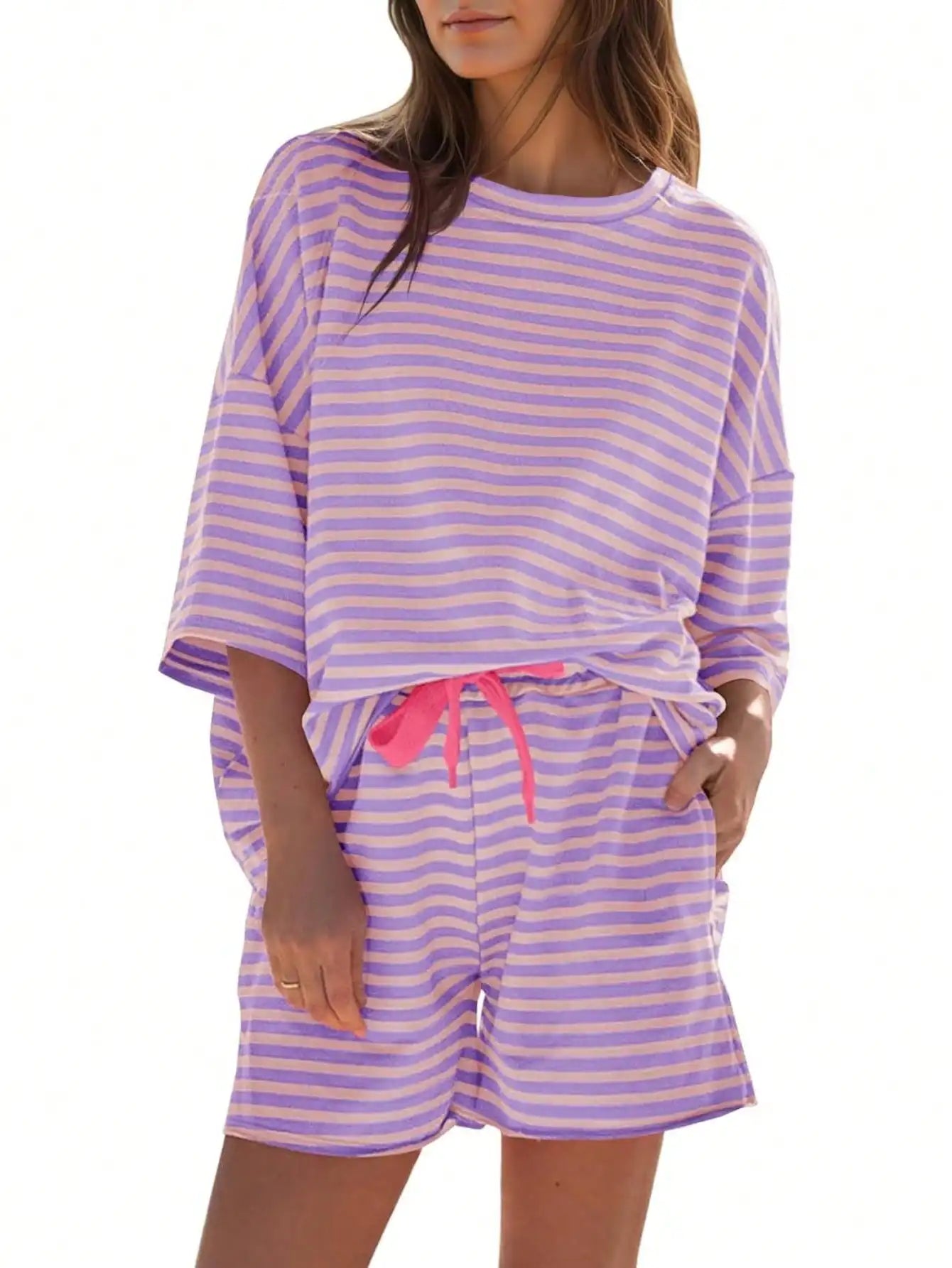 Womens Striped Athleisure 2 Piece Outfits Sweatsuit 3/4 Sleeve Oversized Tops High Waisted Shorts Casual Cozy Striped Lounge Set