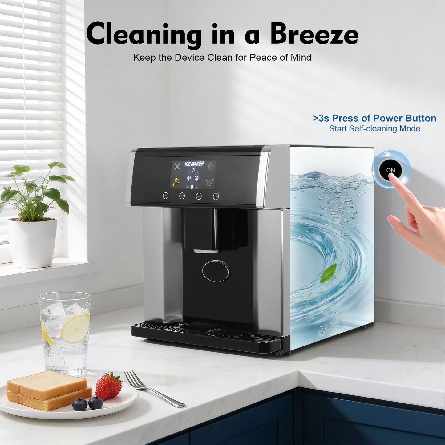 Countertop Ice Maker 15kg 24H 110V 2-in-1 Ice Machine 6-12 Mins Fast Ice Making Self-cleaning Electric Ice Dispenser Touch Control Large Storage Auto Shut-off for Home Office Cafe Party Kitchen Bar