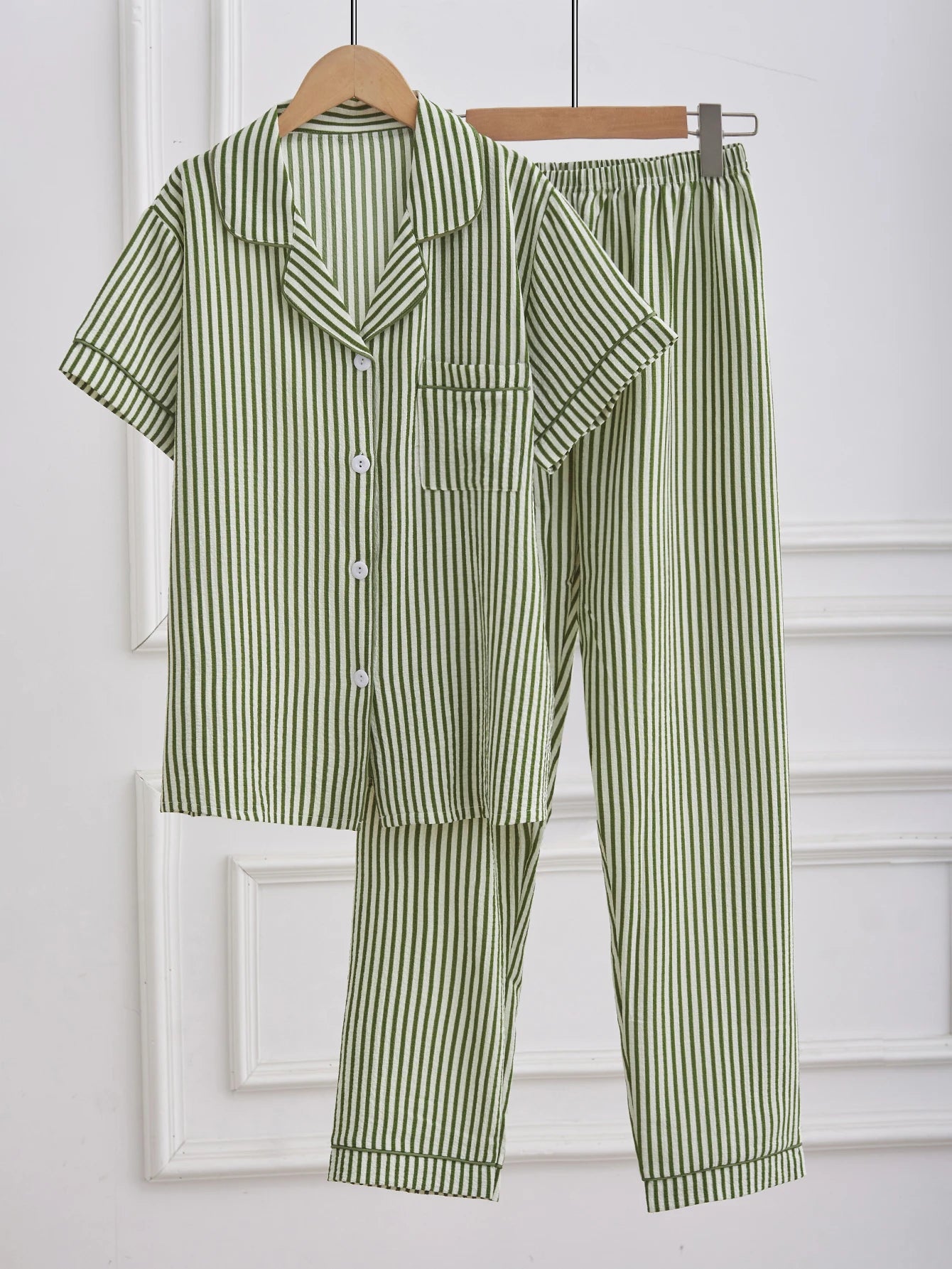 Striped Button Down Pajama Set | Short Sleeve Long Pants Breathable Summer Casual Women Sleepwear