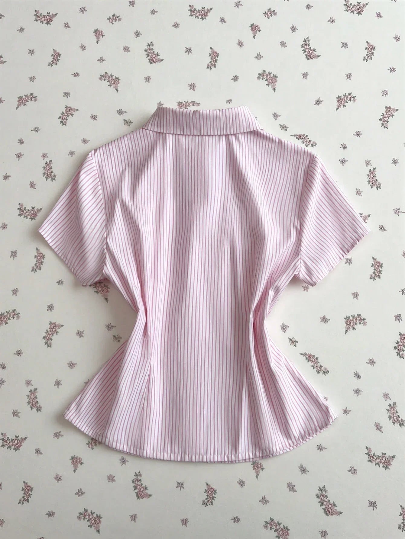 Pink And White Striped Cotton Blouse For Women, Collared Button Front Short Sleeve