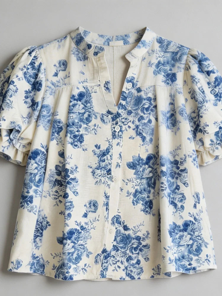 2026 New Style Women's Printed Shirt, V-neck with Double Pleated Sleeves, Lightweight Textured Fabric, Half-Buttoned, Retro Blue Rose Floral, Loose-Fitting, Flowy Short Sleeve Top, US Size, US Warehouse, Fast Shipping, Spring