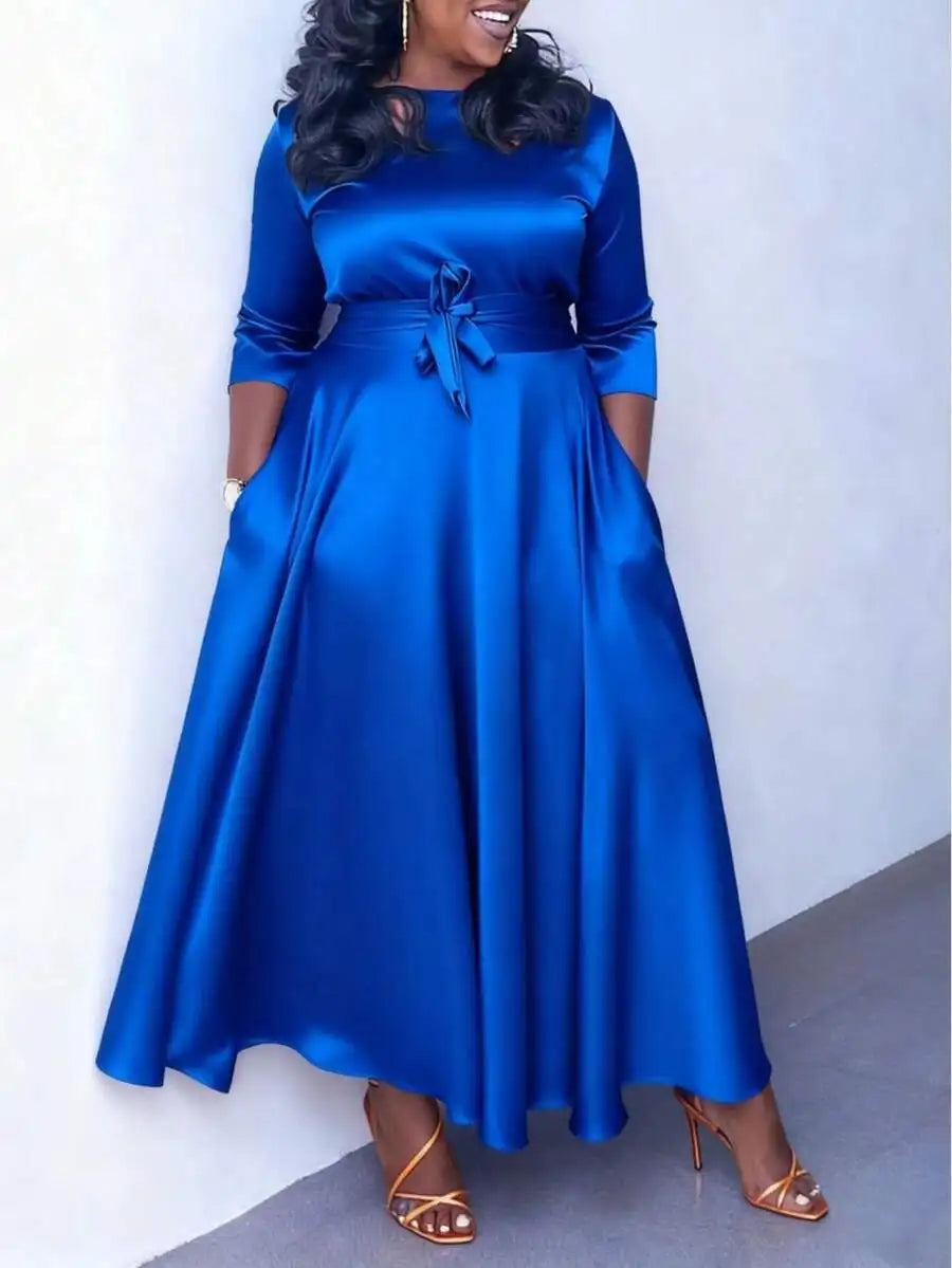 Elegant Women Satin Fit And Flare Long Sleeve Boat Neck Cocktail Dress With Pockets