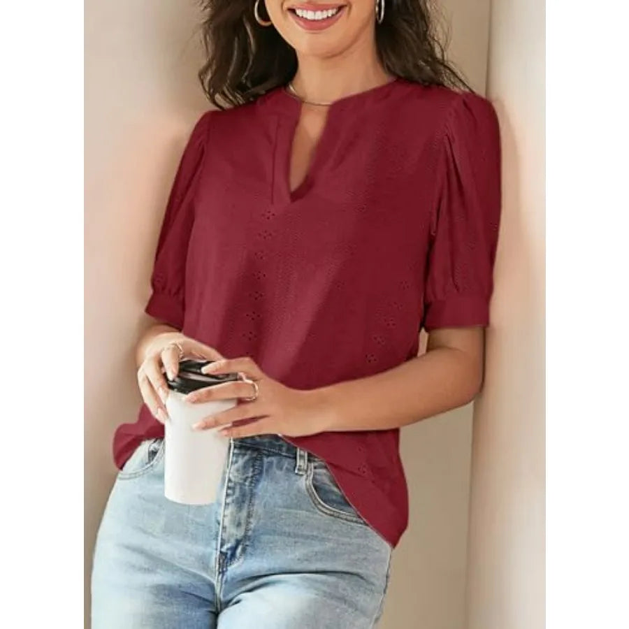 Dokotoo Womens Summer Business Casual Blouses V Neck Short Sleeve Shirts Eyelet Cute Lace Tops
