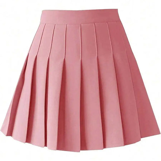Womens High Waist A-Line Pleated Mini Skirt Solid Color Polyester