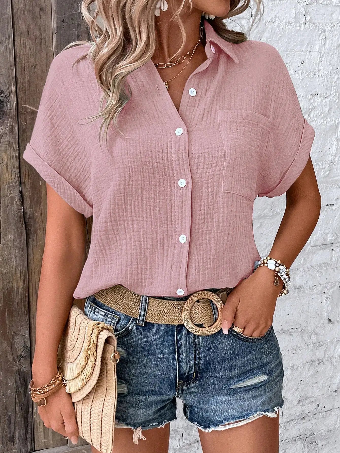 Casual Solid Color Textured Batwing Sleeve Shirt