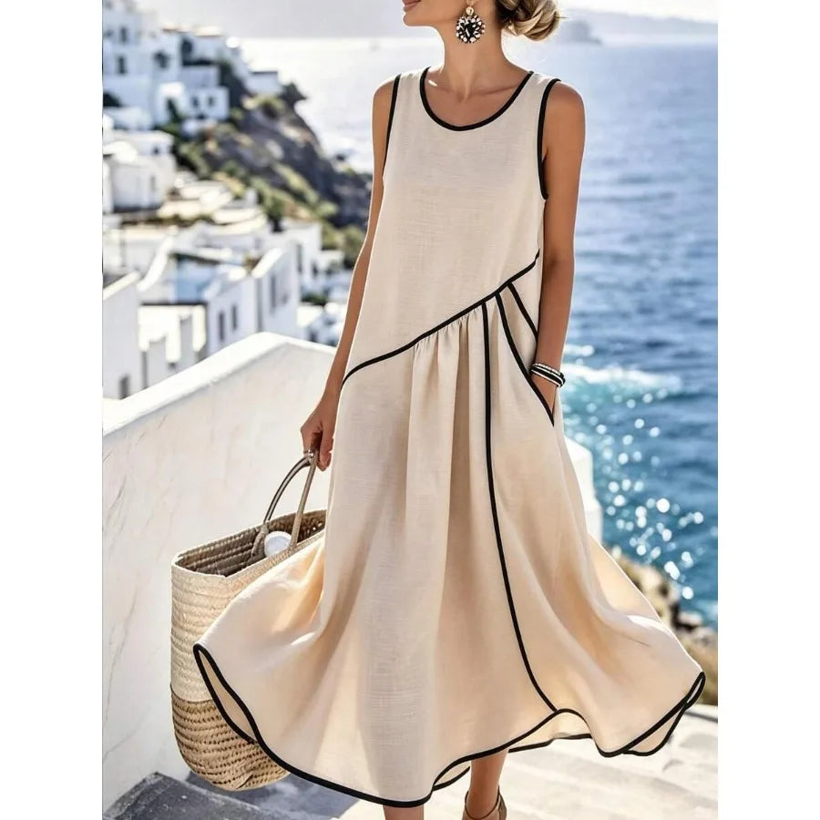 【New style】 Holidaya Women's Casual Vacation Contrast Trim Single Pocket Dress, Casual Long Dress, Spring/Summer Dress Women Va