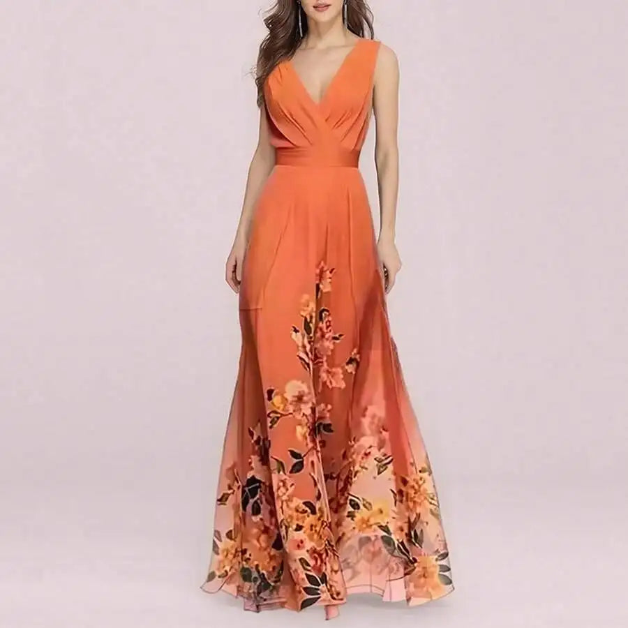 Elegant V-Neck Floral Print Waist-Cinching Floor-Length Dress For Women