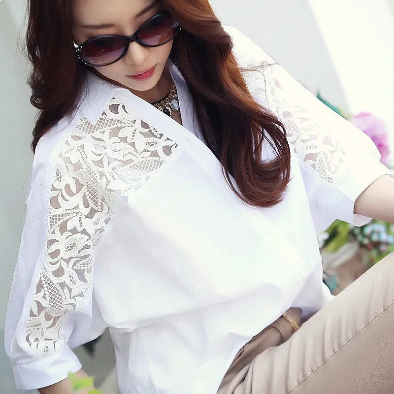 Sexy Lace Patchwork White Chiffon Button Up Shirt for Women Summer Casual Loose Half Sleeve Tops Blouse