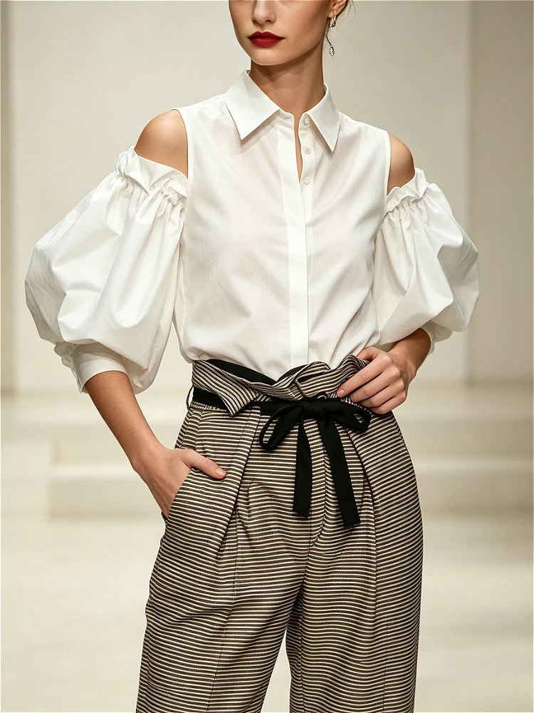 2026 Women Solid White Cold Shoulder Blouse Lapel Collar Puff Pleated Long Sleeve Button Front Loose Fit Elegant Office Daily Streetwear Party Date Vacation Women's Shirts Tops
