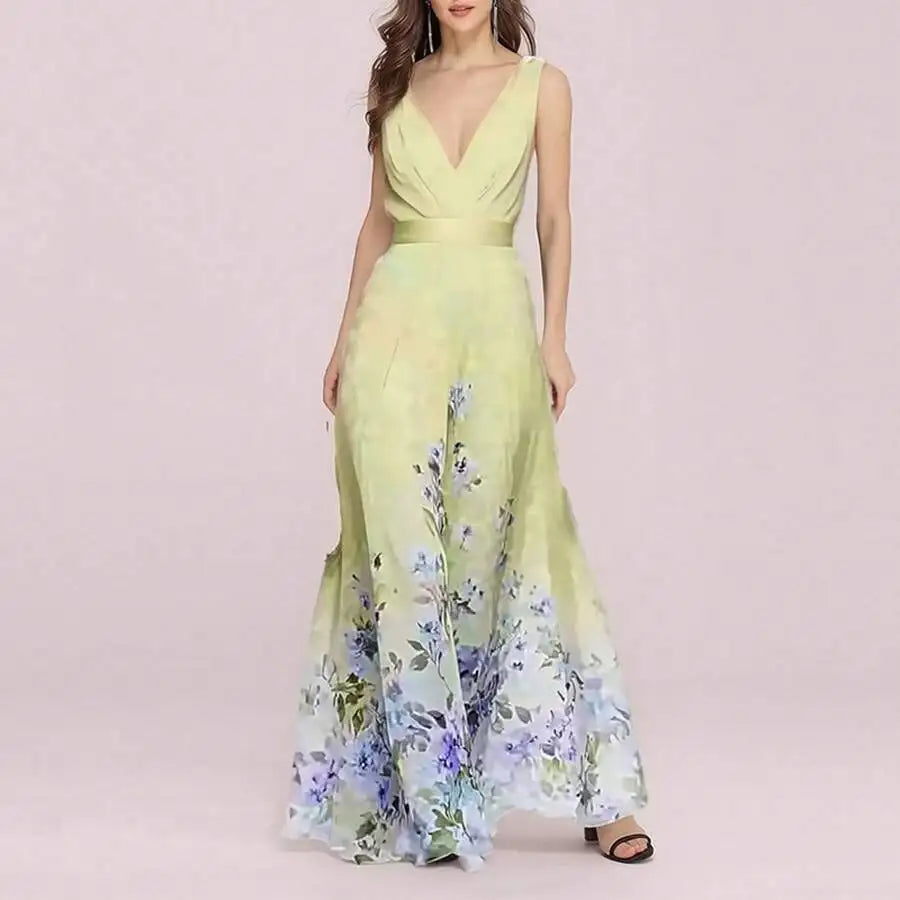 Elegant V-Neck Floral Print Waist-Cinching Floor-Length Dress For Women