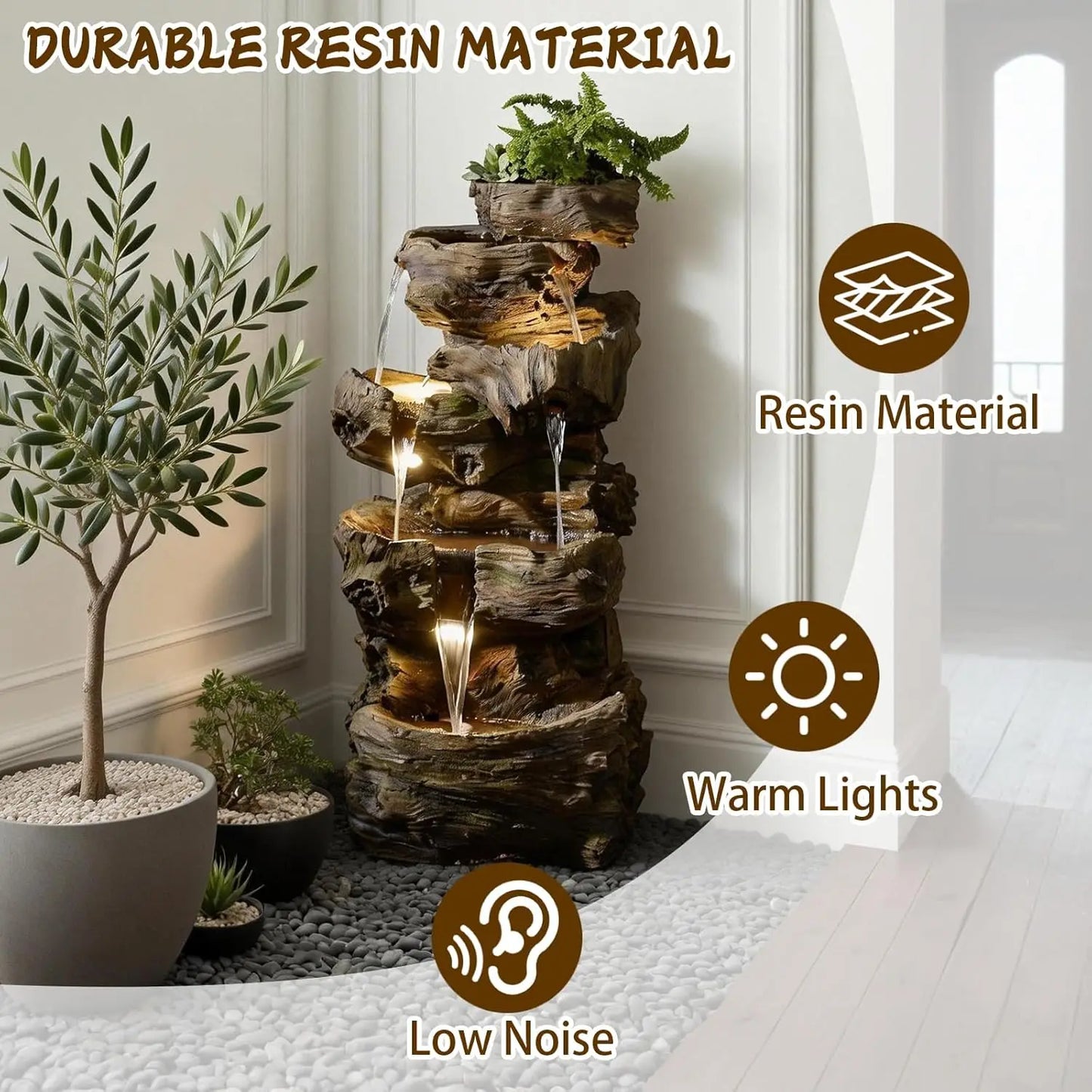40in 5-Tier Tree Trunk Outdoor Water Fountain LED Garden Patio Backyard Decor, Customized