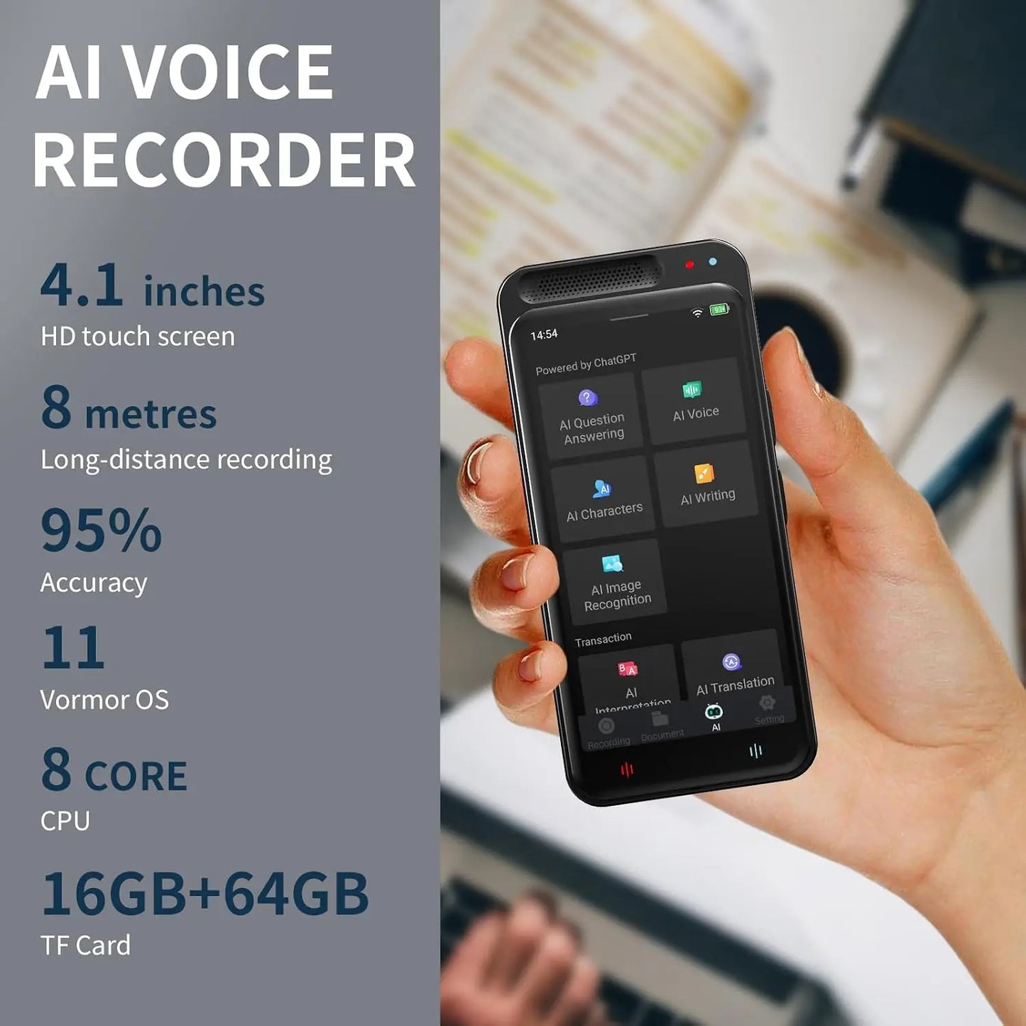 80GB AI Voice Recorder: Transcribe, Summarize & Translate 134 Languages