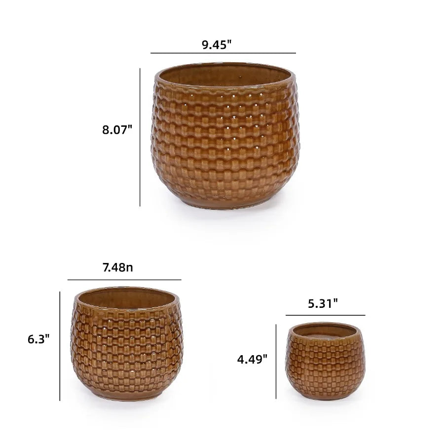 3 Pack Ceramic Plant Pots Planter for Indoor Outdoor Patio Garden Dark Brown