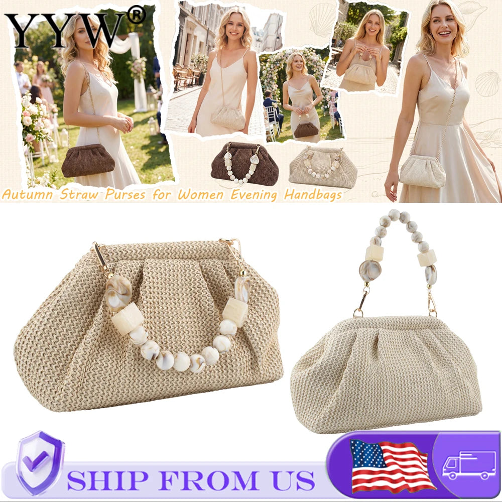 2026 New Women Straw Woven Bags Chain Strap Straw Clutch Purse Large Capacity Stylish Handheld Crossbody Bag Totes for Summer Beach Holiday