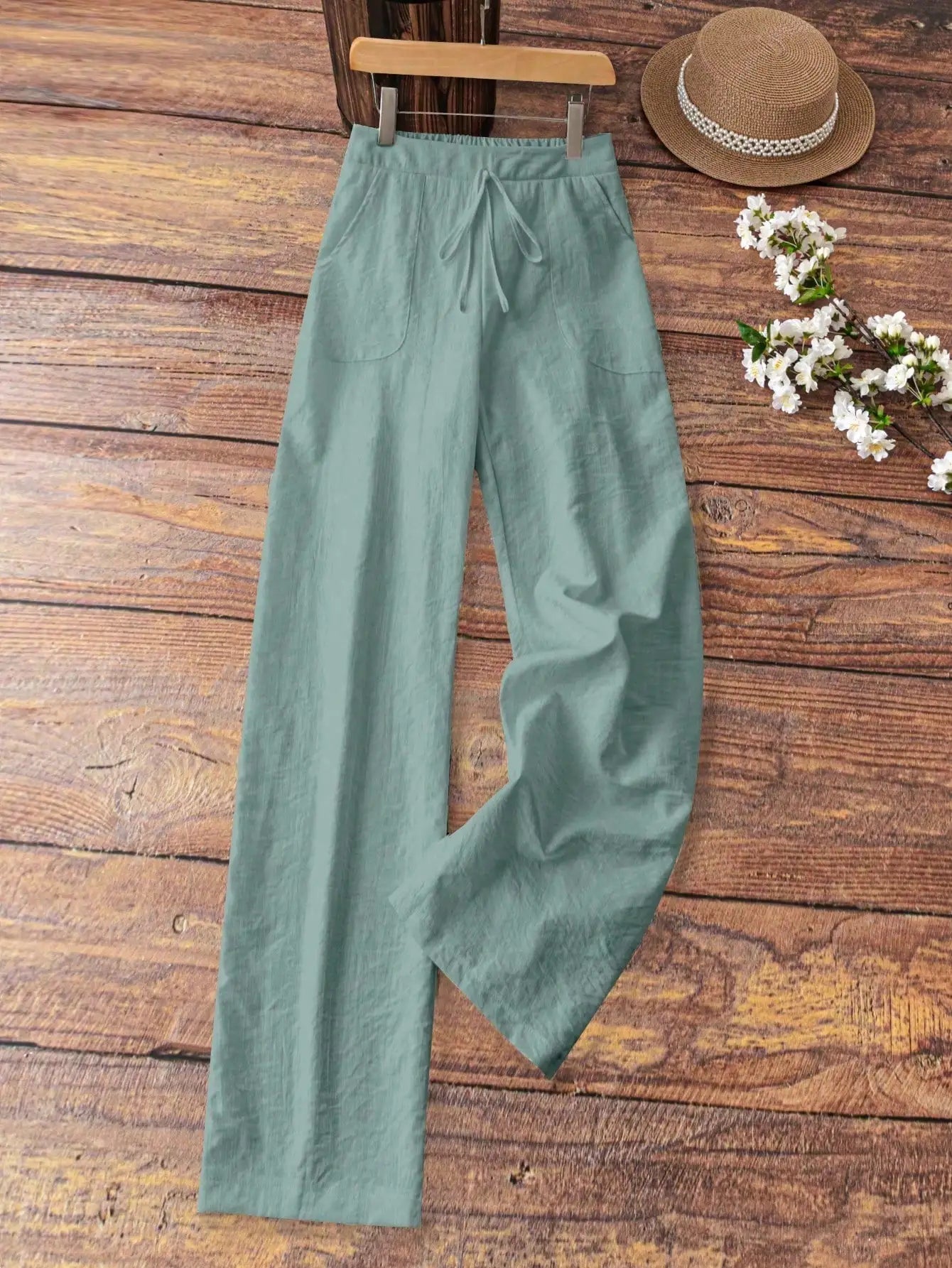 Casual Solid Drawstring Waist Wide Leg Pants For Women