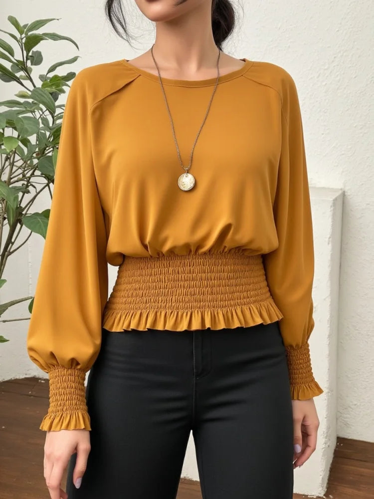 Round Neck Blouse Long Sleeve Raglan Shoulder Smocked Waist Ruffle Cuff Solid Top For Women Daily Office Work School Casual Elegant Stylish Garment