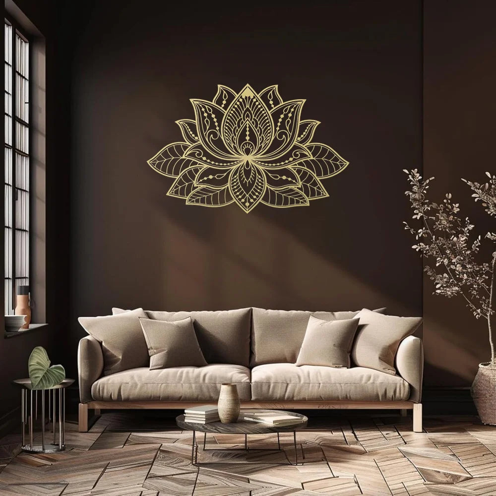 Boho Zen Radiant Lotus Wall Art, Shiny Metal Mandala Sculpture, Golden Brass Finish Iron Hanging Decor for Living Room, Bedroom, Yoga Studio, Bohemian Housewarming Gift